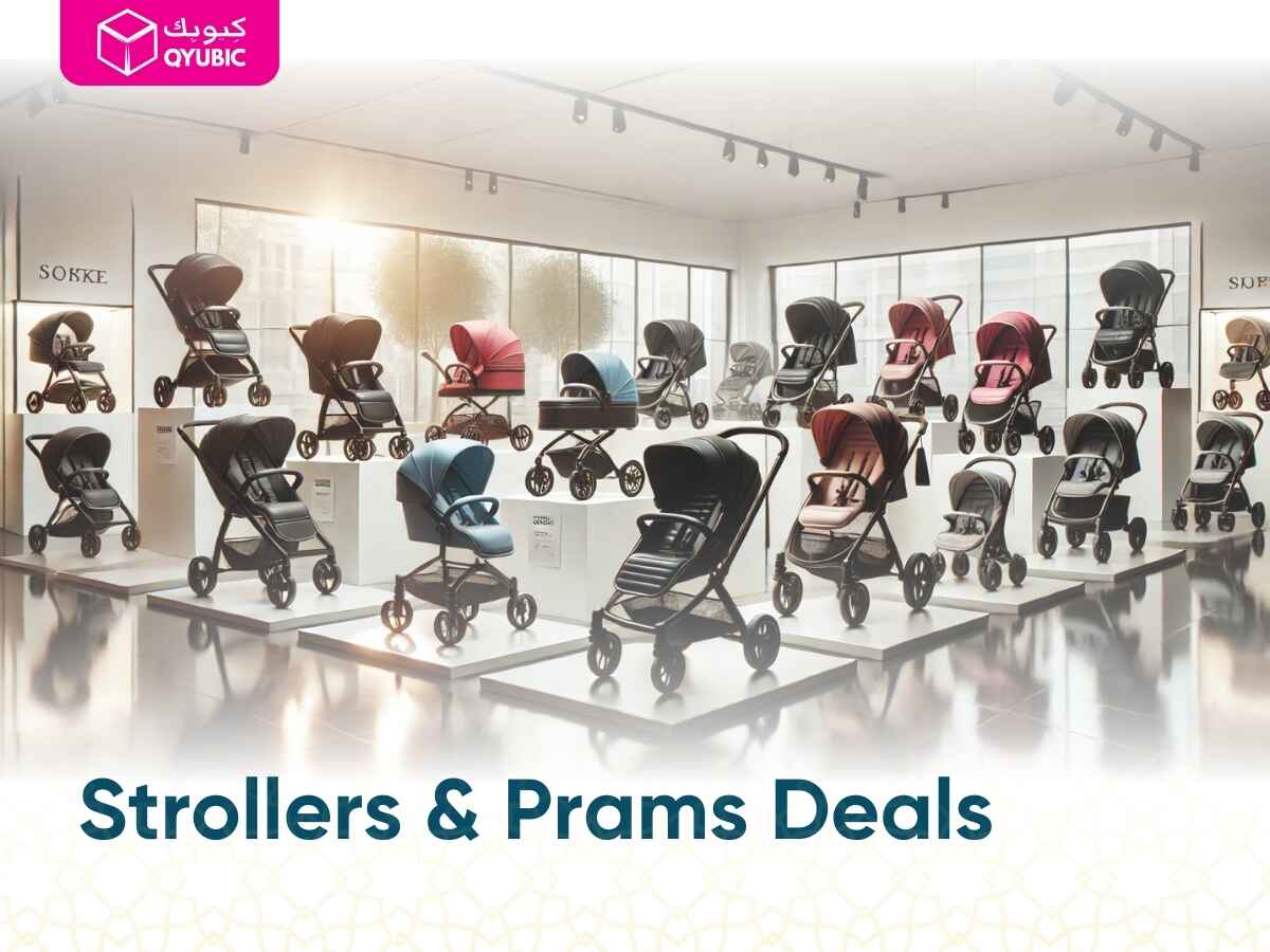 A collection of stylish strollers and prams showcased in an outdoor or showroom setting, highlighting top stroller brands for babies.