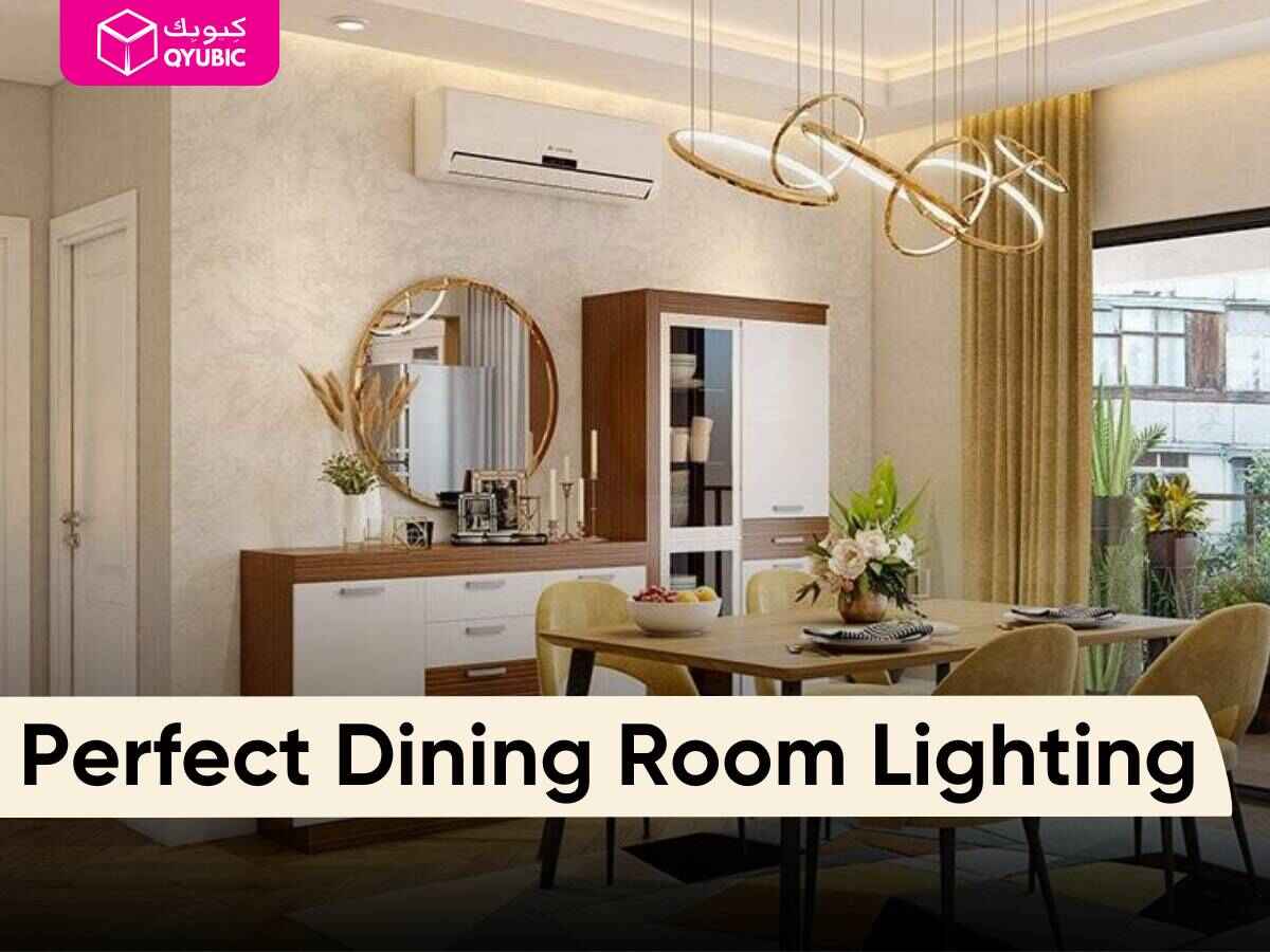 Dining area with statement pendant lights and subtle wall sconces above a table. Overlay text: 'Perfect Dining Room Lighting.'