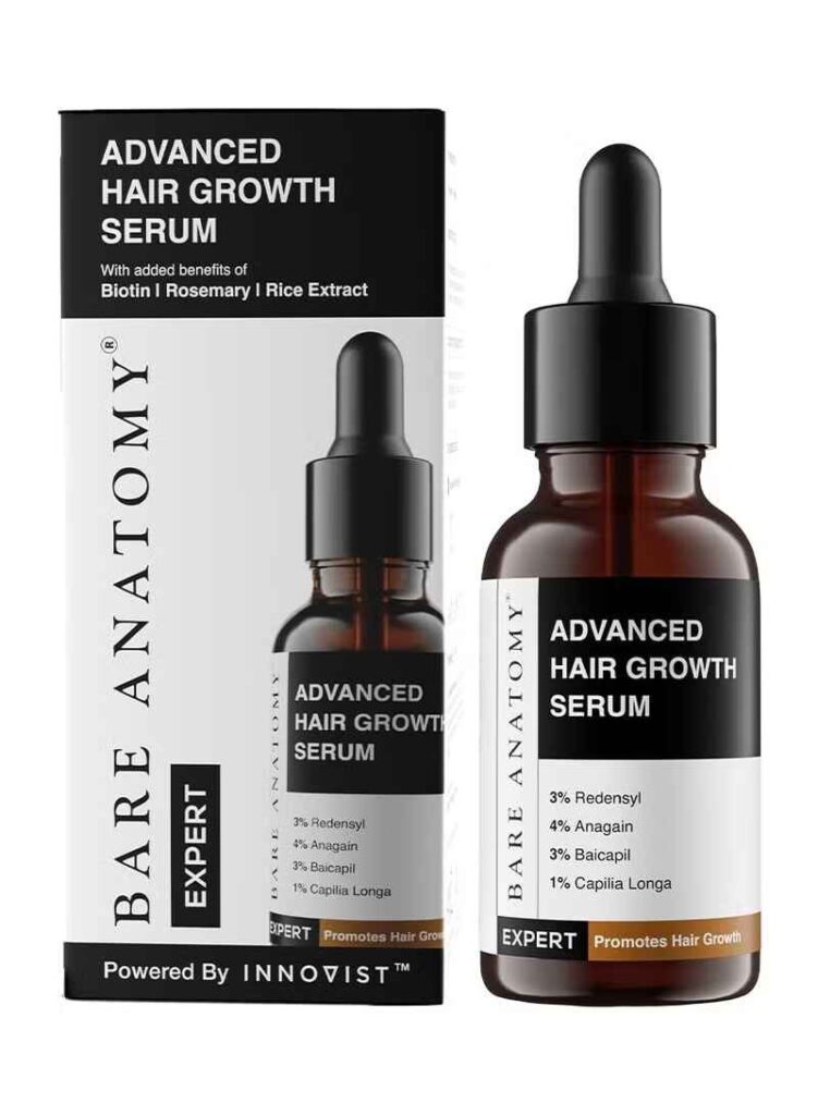 BARE ANATOMY Advanced Hair Growth Serum, a high-performance hair growth serum for men and women in the UAE. With a potent 4-active complex including Redensyl and Anagain, this non-greasy best hair growth product visibly increases hair density and reduces hair fall by up to 89%.
