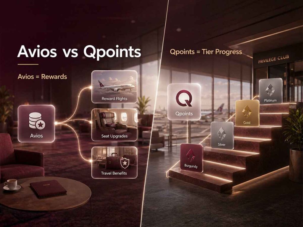 Avios vs Qpoints comparison showing reward flights, seat upgrades and Qatar Airways Privilege Club tier progress | QYUBIC VERIFIED COUPON CODES