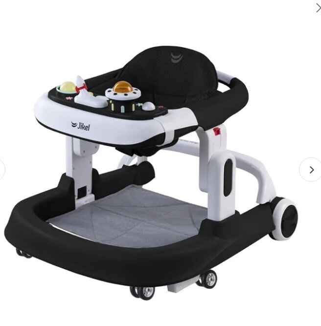 Jikel Oxi 2-in-1 baby walker that transforms into an activity center with adjustable height and rear-wheel brakes for safe early mobility.