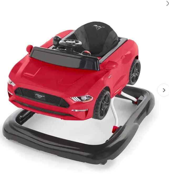 Bright Starts Ford Mustang baby walker with three play modes, authentic car sounds, and safety-enhanced rubber braking feet.