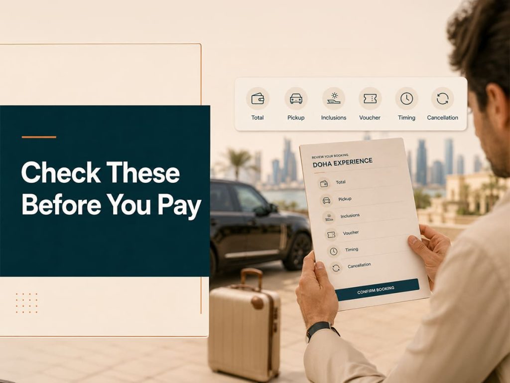 Traveller checking total, pickup, inclusions, voucher, timing and cancellation before confirming a Doha activity booking.