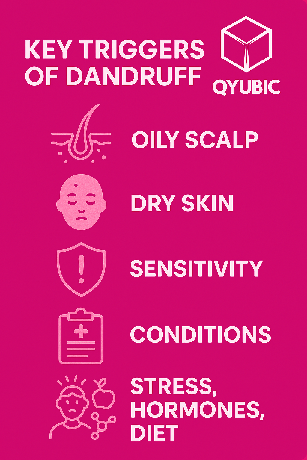Simple guide showing causes of dandruff like oily scalp, dry skin, sensitivity, health conditions, stress, hormones, and diet, related to anti-dandruff dandruff shampoo use.

