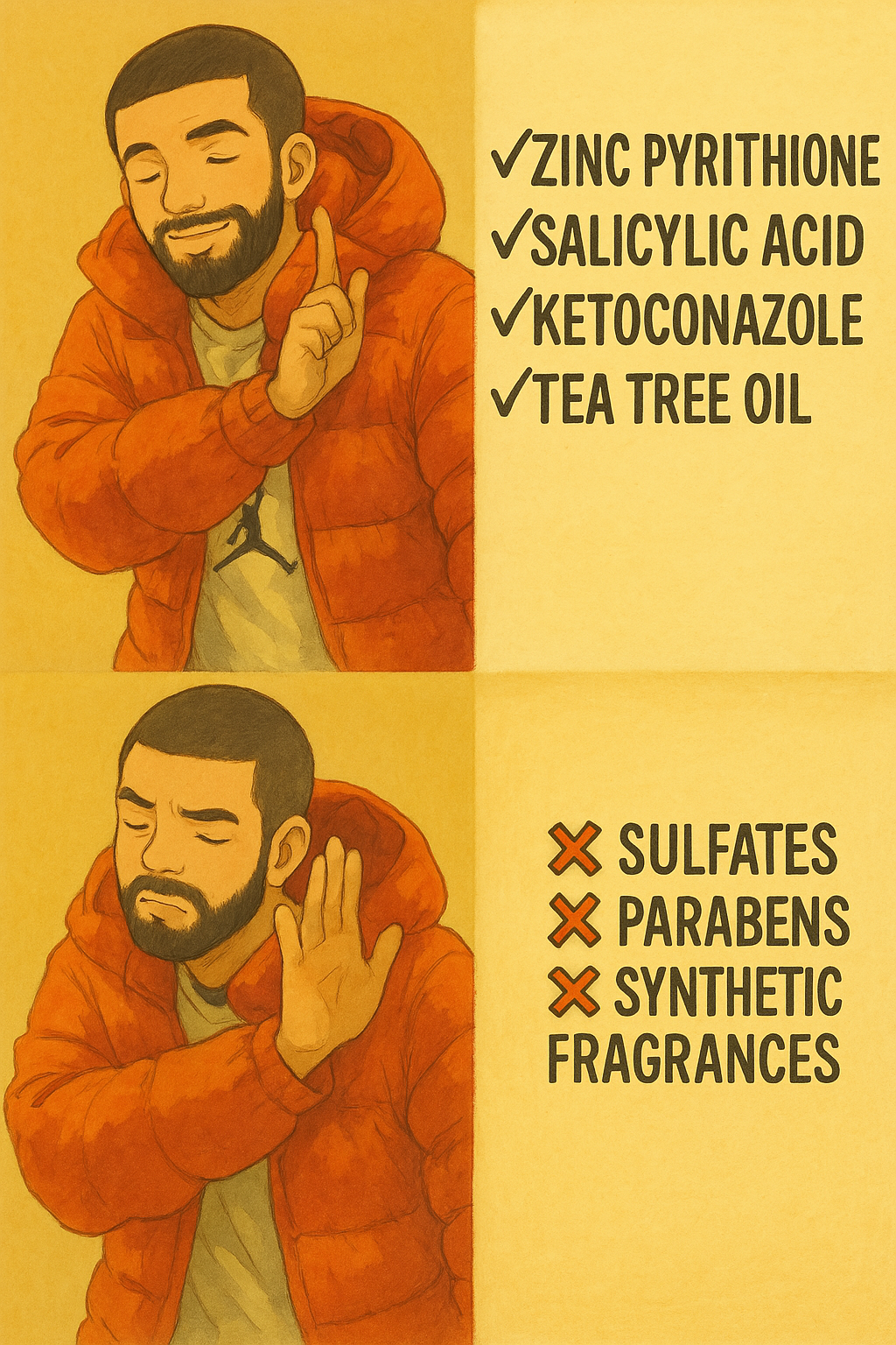 Man choosing good anti-dandruff dandruff shampoo ingredients like zinc pyrithione, salicylic acid, ketoconazole, and tea tree oil, and avoiding bad ones like sulfates, parabens, and synthetic fragrances.

