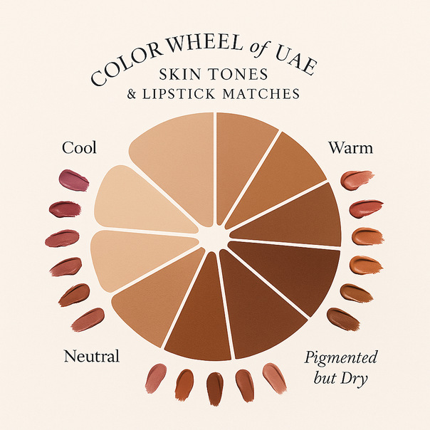 "A color wheel showing warm, cool, and neutral undertones commonly found in UAE. Paired with ideal lipstick matches like berry for cool tones and terracotta for warm tones. Perfect lipstick color chart for Indian and Middle Eastern skin tones."
