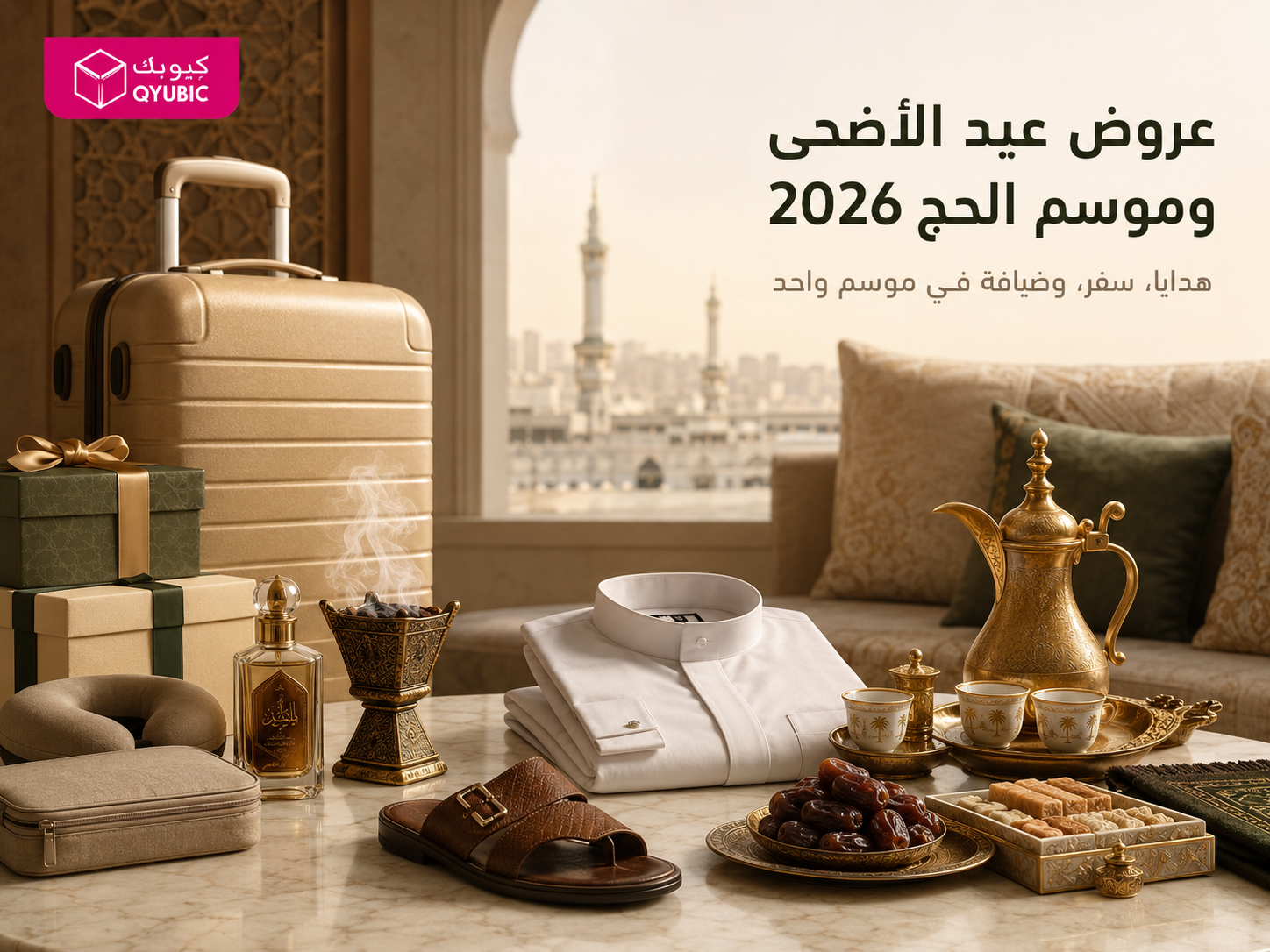 صورة كيوبك لعروض عيد الأضحى وموسم الحج مع حقيبة سفر وهدايا وعطر وضيافة وملابس عيد