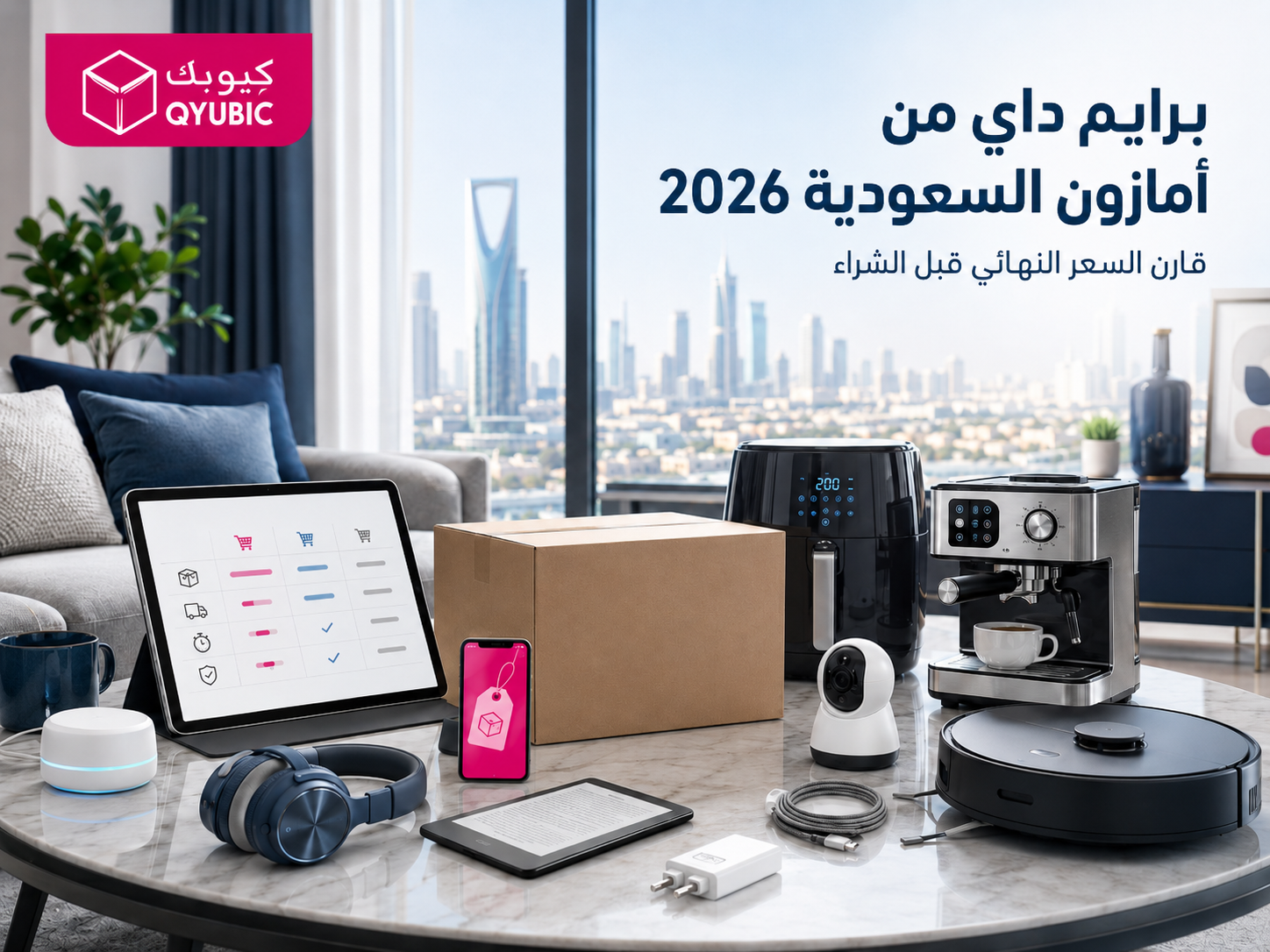 صورة كيوبك لبرايم داي من أمازون السعودية مع صندوق توصيل وأجهزة منزلية ذكية وسماعات وقلاية هوائية