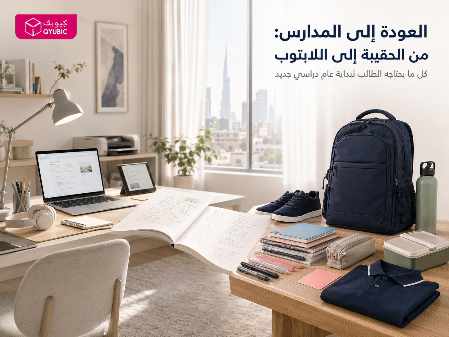 صورة كيوبك لعروض العودة إلى المدارس مع حقيبة وقرطاسية ولابتوب وطابعة وتجهيزات الطالب