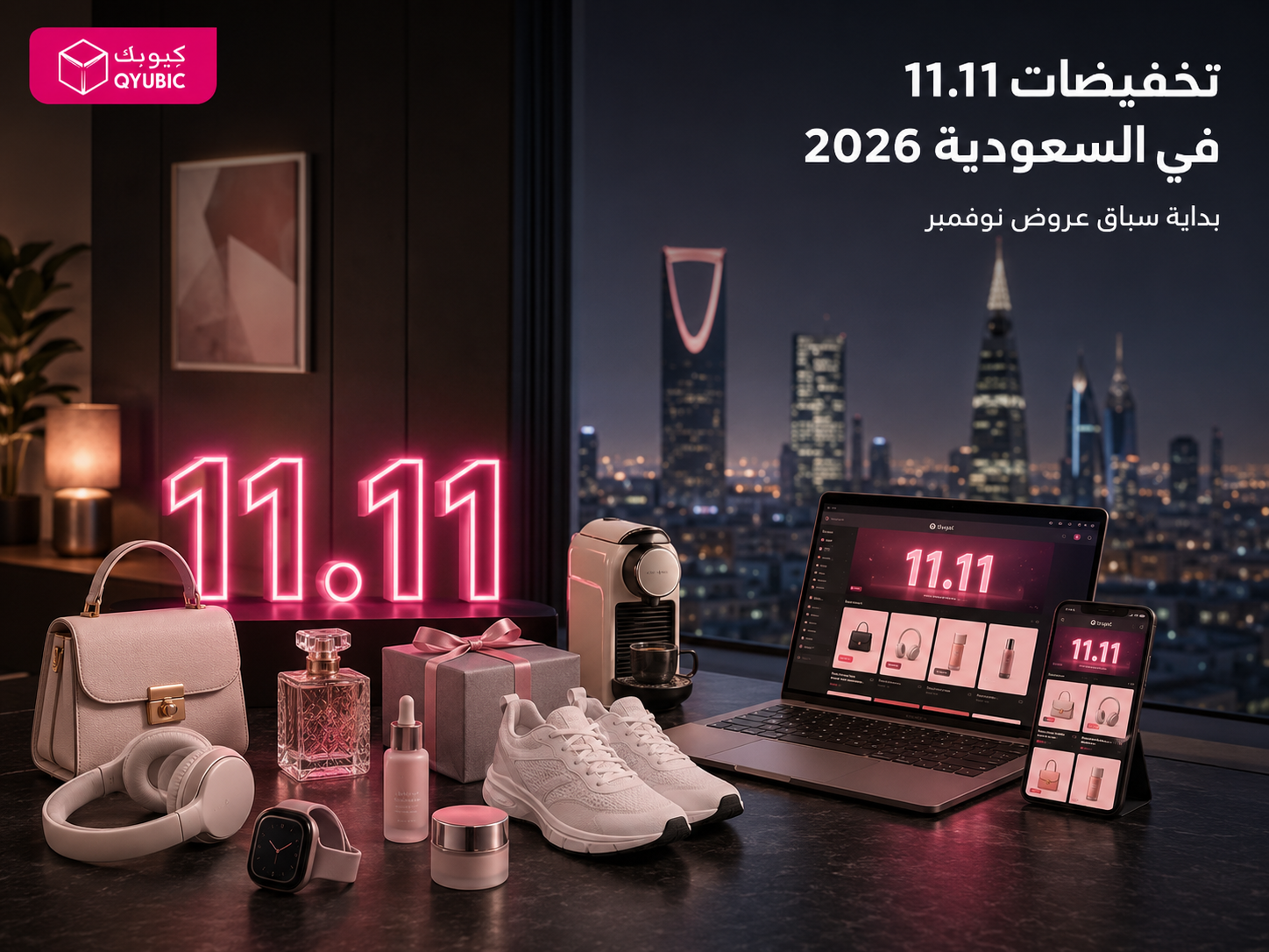 صورة كيوبك لتخفيضات 11.11 في السعودية مع أزياء وعطر وسماعات وأجهزة صغيرة في مشهد تسوق ليلي