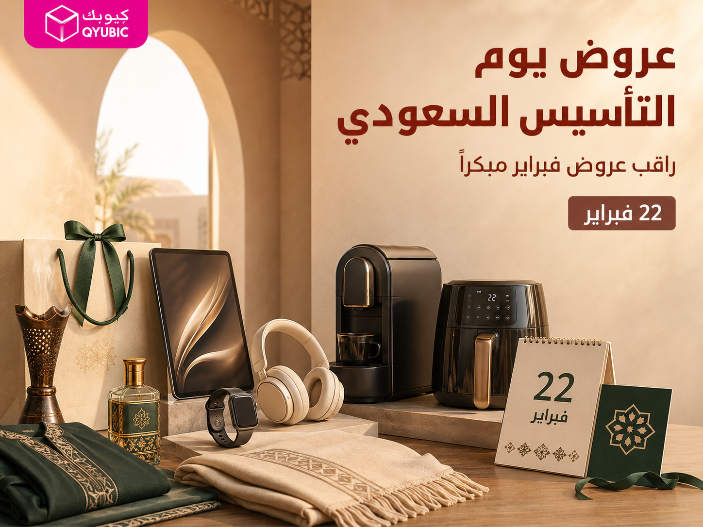 صورة كيوبك لعروض يوم التأسيس السعودي مع أجهزة منزلية وإلكترونيات وهدايا وتقويم يحمل تاريخ 22 فبراير
