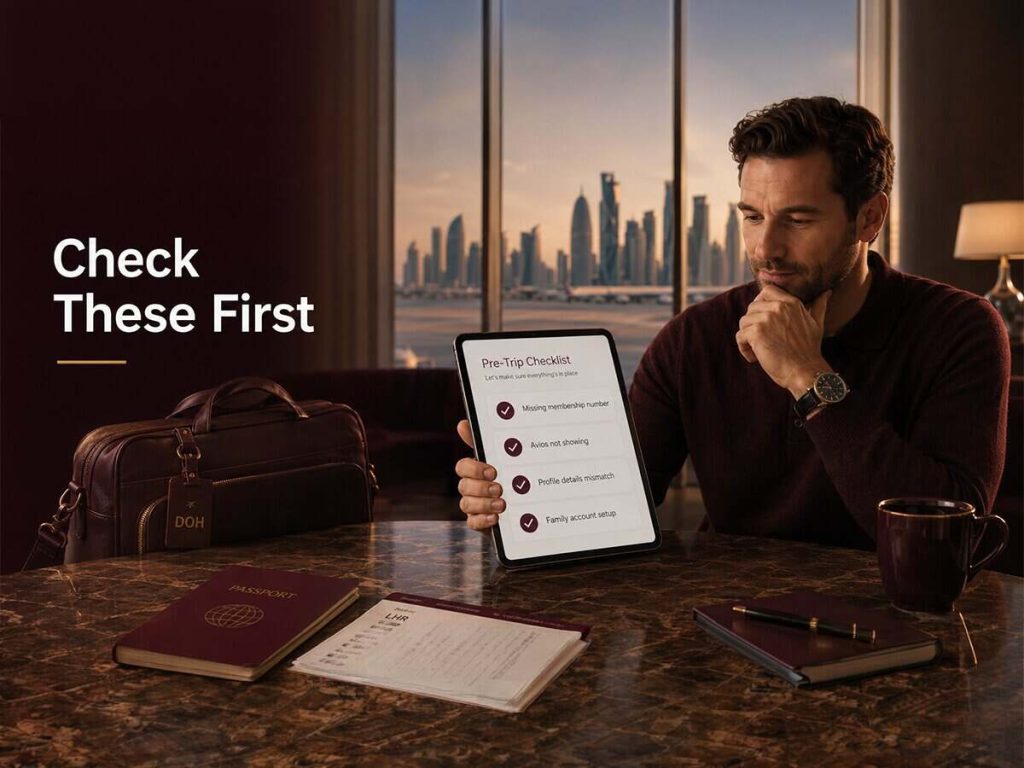 Common Qatar Airways Privilege Club problems checklist showing missing Avios, Membership Number and profile detail checks before travel | QYUBIC VERIFIED COUPON CODES