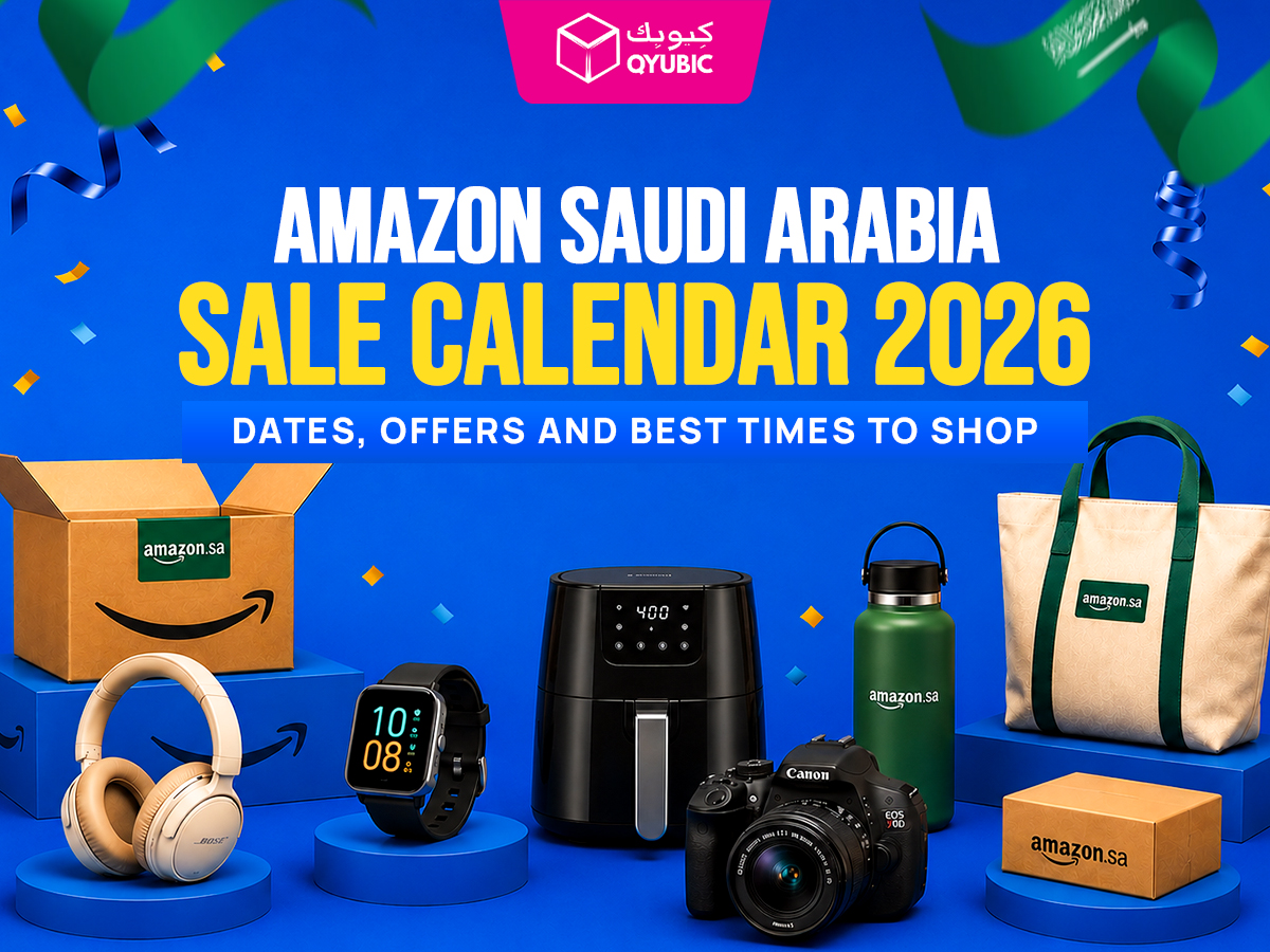 Amazon Saudi Arabia Sale Calendar 2026 with shopping products and delivery boxes.