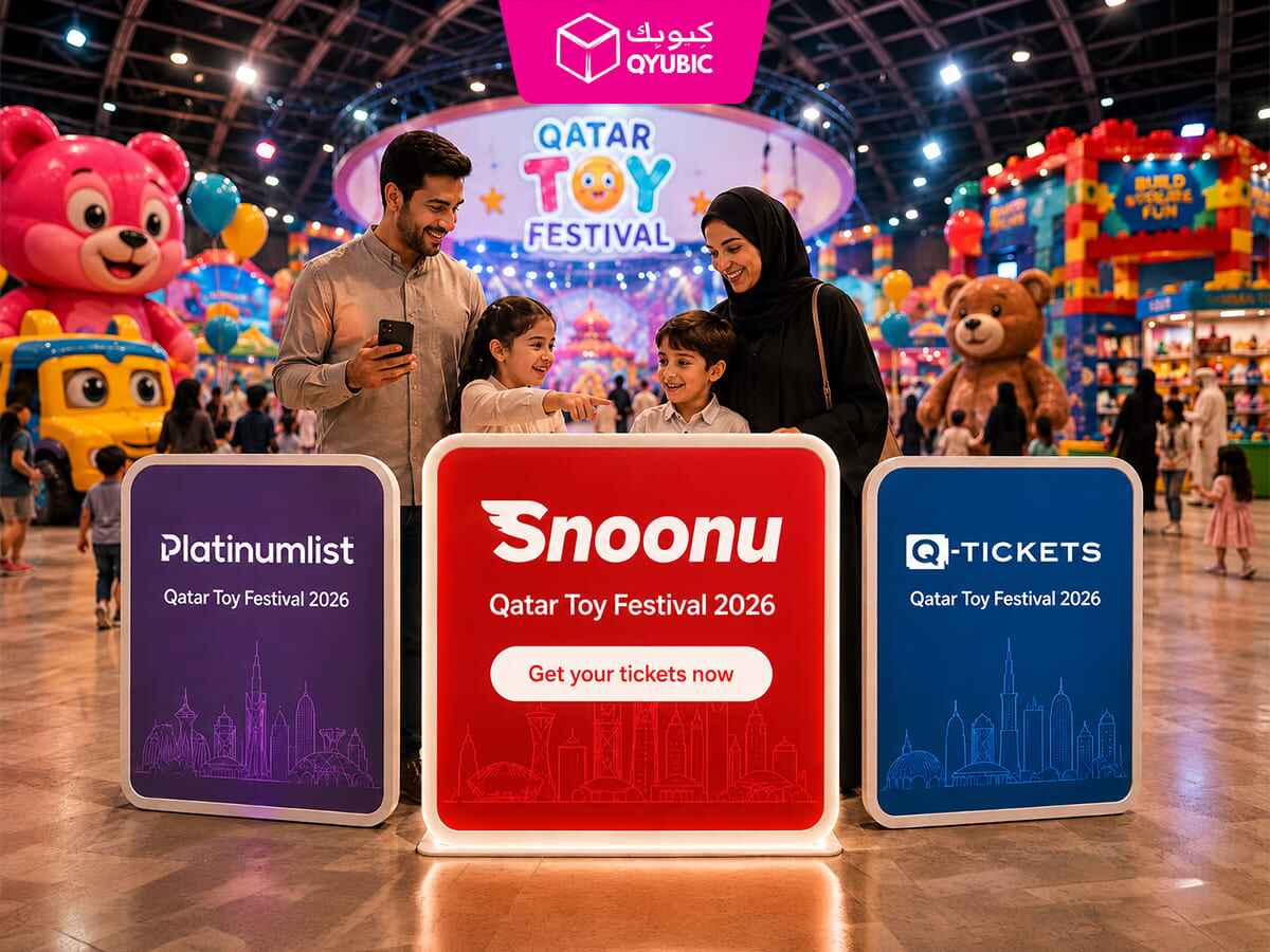 Family at Qatar Toy Festival 2026 comparing Platinumlist, Snoonu and Q-Tickets booking panels, with Snoonu highlighted in the centre | QYUBIC VERIFIED COUPON CODE