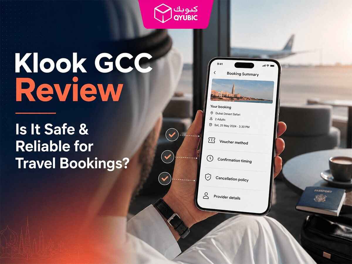 Klook GCC review showing a Gulf traveller at an airport checking a booking summary with voucher, confirmation timing, cancellation policy and provider details.