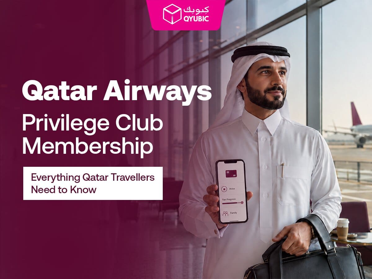 Qatar Airways Privilege Club membership guide featuring a traveller in traditional Gulf attire holding a mobile membership app at an airport | QYUBIC VERIFIED COUPON CODES