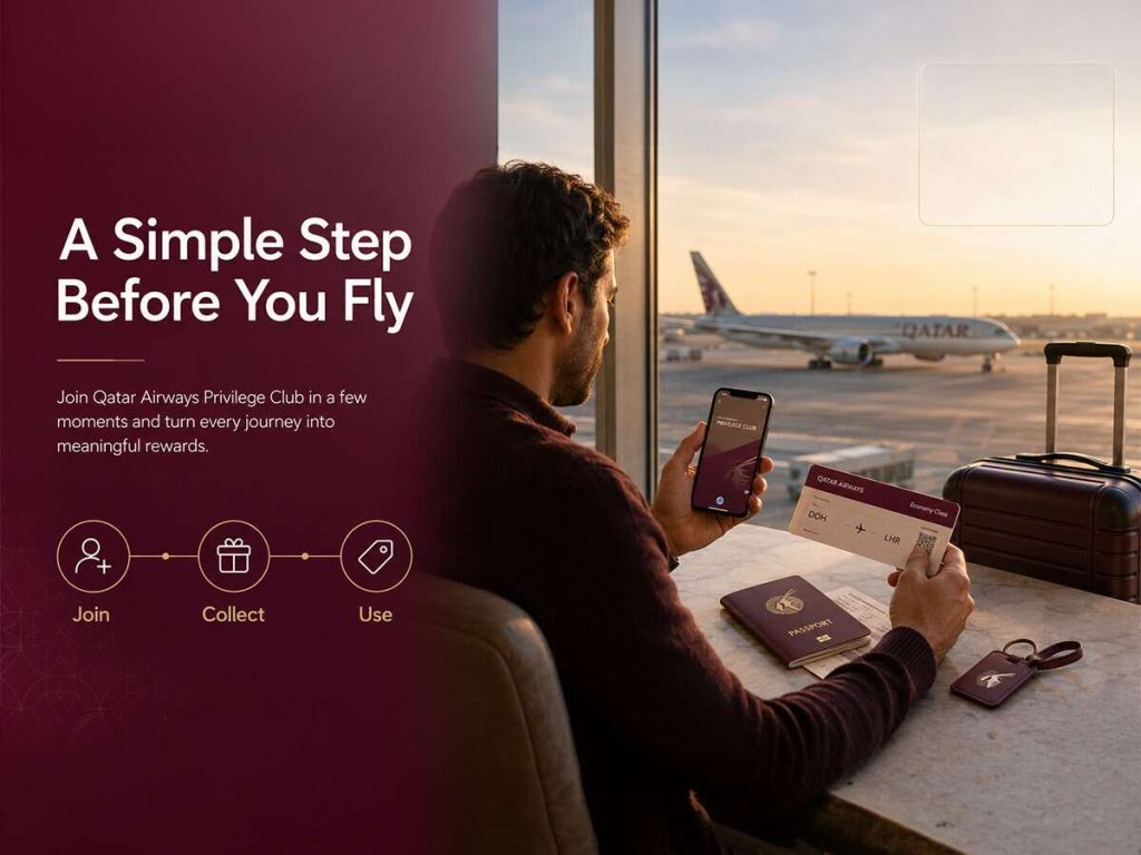 Final takeaway on joining Qatar Airways Privilege Club, showing a traveller with the membership app, boarding pass and Qatar Airways aircraft before flying | QYUBIC VERIFIED COUPON CODES
