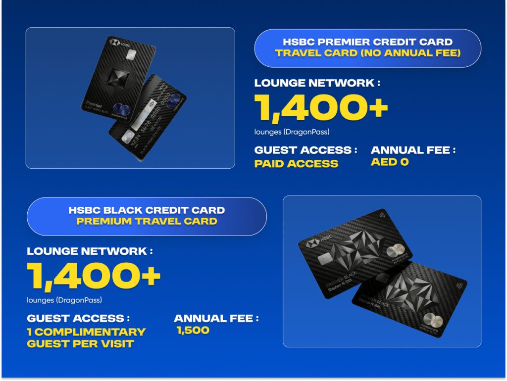 HSBC Premier and HSBC Black credit cards with DragonPass airport lounge access benefits in UAE