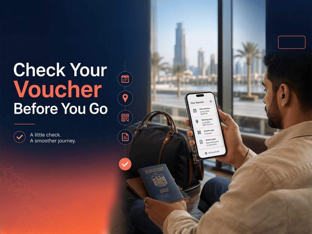 Traveller checking a Klook e-voucher with activity date, meeting point, QR code and entry instructions before travel.