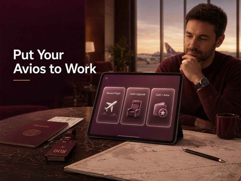 How to use Avios for Qatar Airways reward flights, cabin upgrades and Cash + Avios shown on a travel planning tablet | QYUBIC VERIFIED COUPON CODES