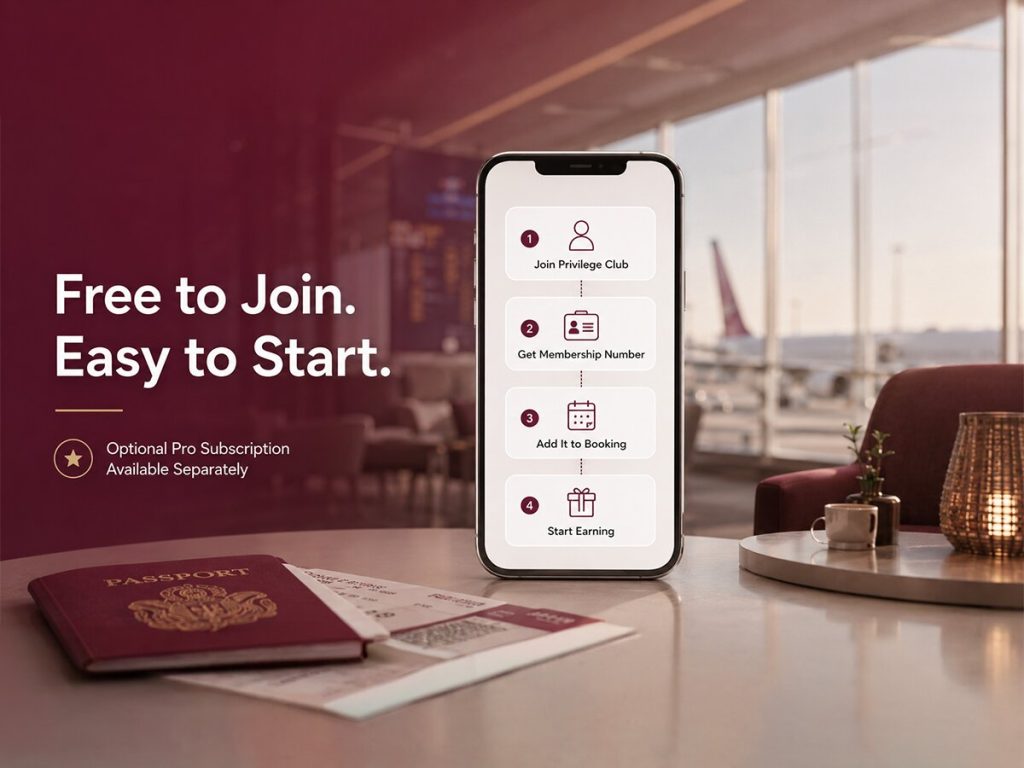 Qatar Airways Privilege Club free membership sign-up steps shown on a phone beside a passport and boarding pass | QYUBIC VERIFIED COUPON CODES