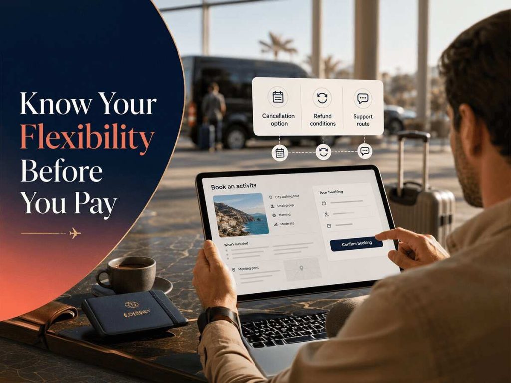 Traveller reviewing Klook booking flexibility, including cancellation options, refund conditions and customer support before confirming an activity.
