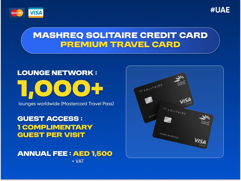 Mashreq Solitaire Credit Card UAE offering premium airport lounge access and complimentary guest entry
