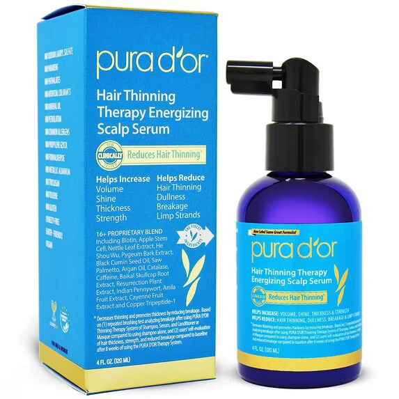 Pura D'or Hair Thinning Therapy Energizing Scalp Serum, a clean beauty hair growth serum for men and women in the UAE. This best hair growth product contains 16+ clinically studied ingredients like biotin and caffeine, and is an excellent hair serum for damaged hair and a best product for hair loss female.