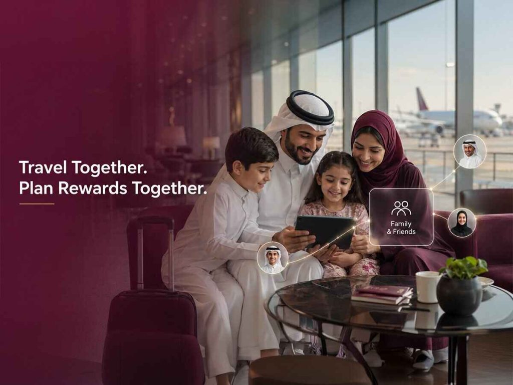 Qatar Airways Family & Friends programme showing a family pooling Avios rewards together before travel | QYUBIC VERIFIED COUPON CODES
