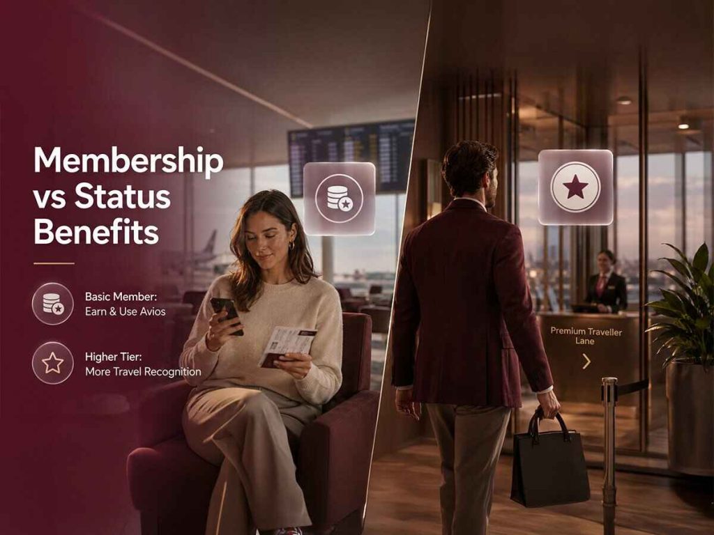 Qatar Airways Privilege Club benefits comparison showing basic Avios rewards and higher-tier airport travel benefits | QYUBIC VERIFIED COUPON CODES