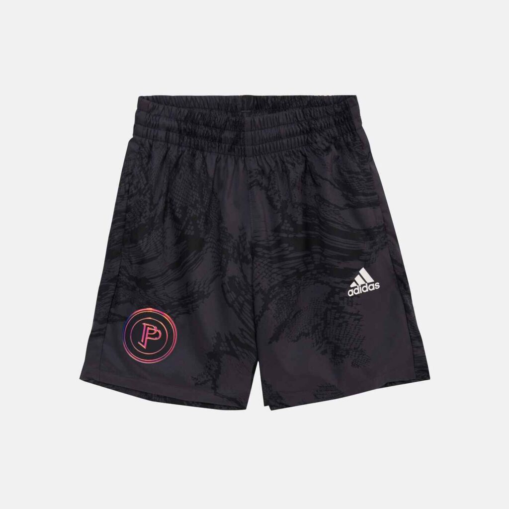 An image of Adidas kids football shorts in black .