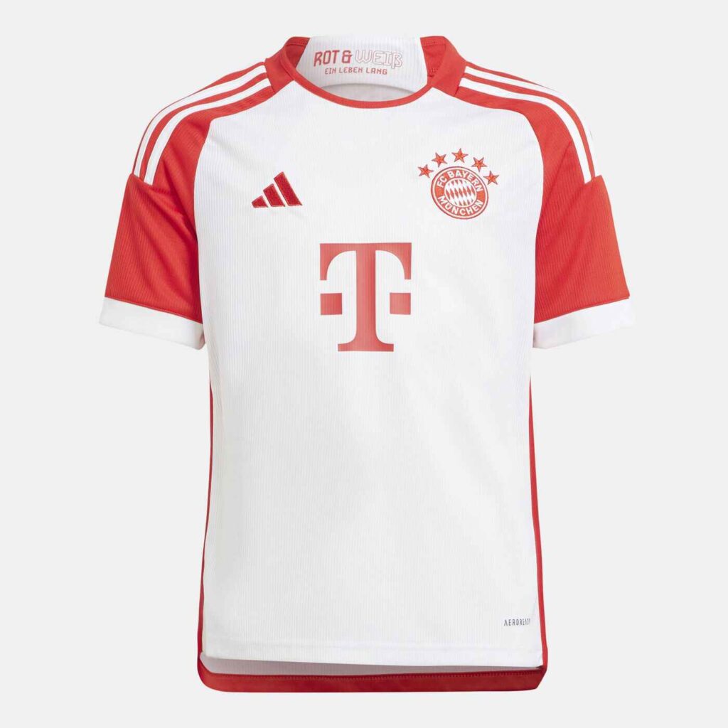 An image of Kid's FC Bayern Munich Home jersey in white and red.