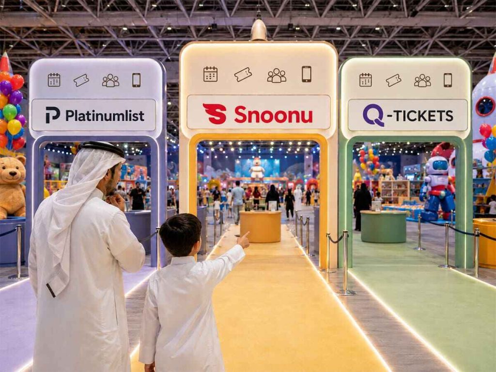 Father and child comparing Platinumlist, Snoonu and Q-Tickets booking gateways at Qatar Toy Festival, with Snoonu in the central lane | QYUBIC VERIFIED COUPON CODE