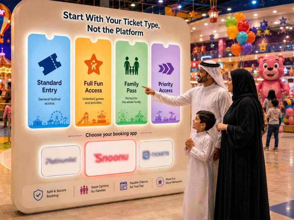 Qatar family choosing between standard entry, full fun access, family pass and priority access before selecting a booking platform | QYUBIC VERIFIED COUPON CODE