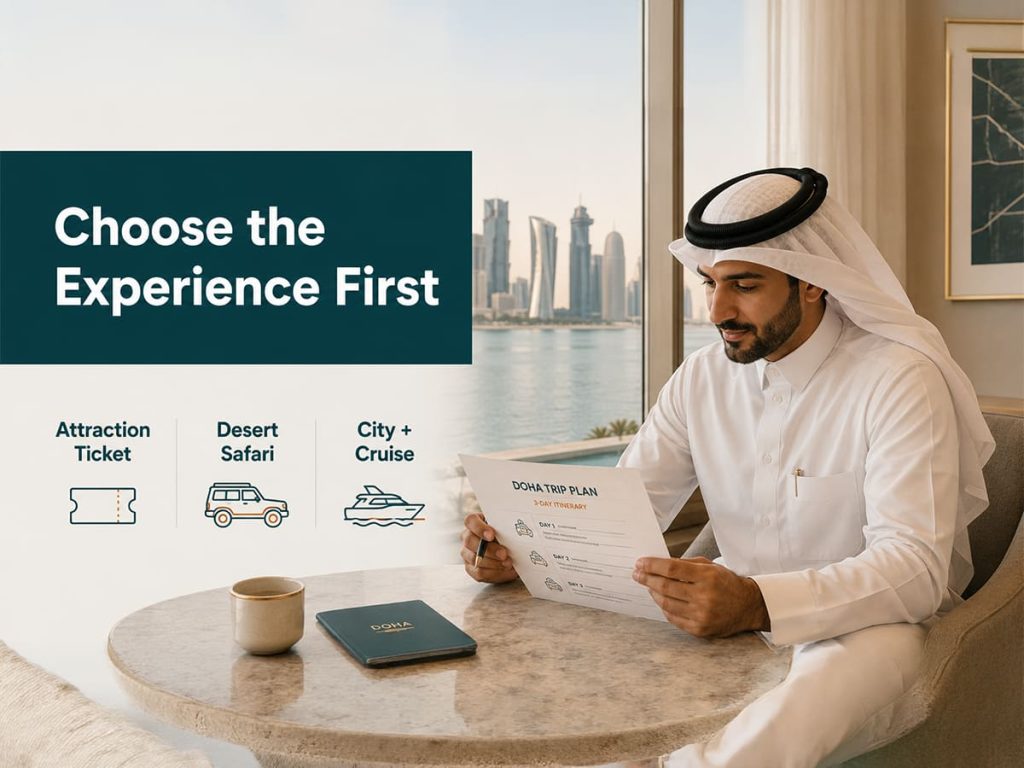 A traveller reviewing a Doha trip plan for attraction tickets, desert safari and city cruise bookings.