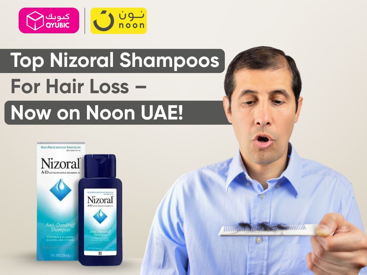 Man concerned about hair loss holding a comb with hair, with Nizoral shampoo bottle and packaging shown – available on Noon UAE