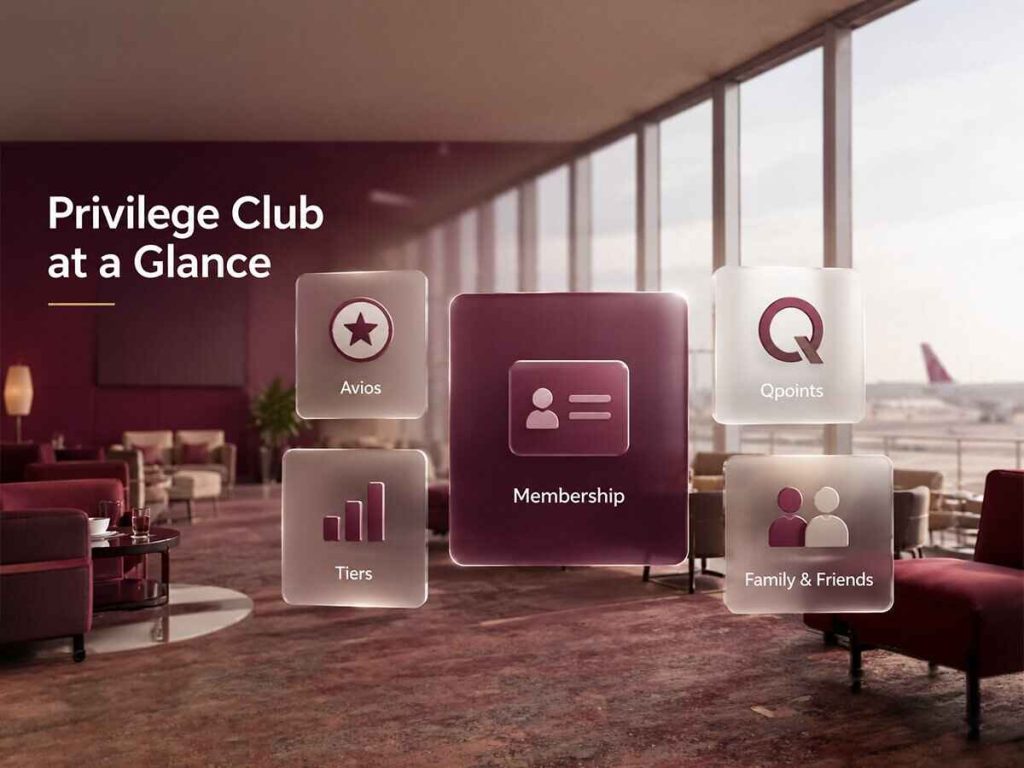 Qatar Airways Privilege Club membership overview showing Avios, Qpoints, membership tiers and Family & Friends at an airport lounge | QYUBIC VERIFIED COUPON CODES