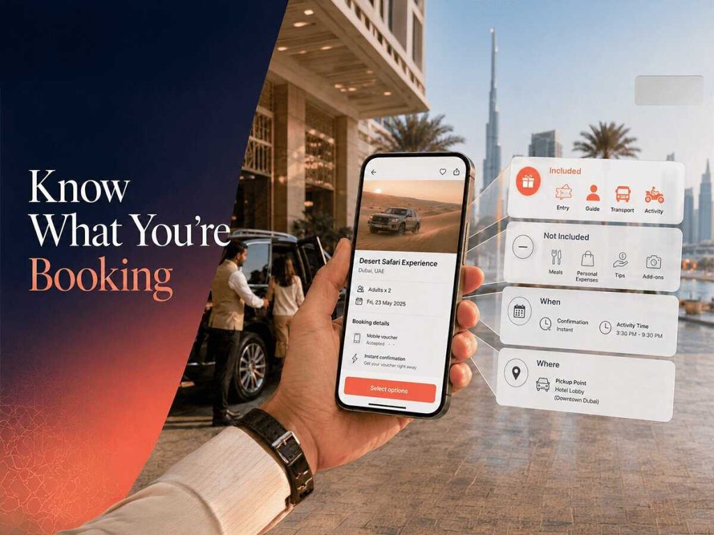 Klook desert safari booking screen showing inclusions, exclusions, instant confirmation timing and hotel pickup details in Dubai.
