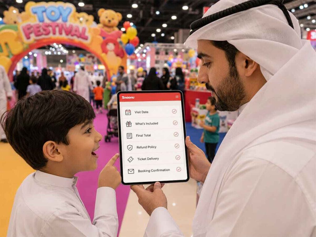 Father and son reviewing a Snoonu booking checklist for visit date, ticket inclusions, final total, refund policy, ticket delivery and confirmation | QYUBIC VERIFIED COUPON CODE