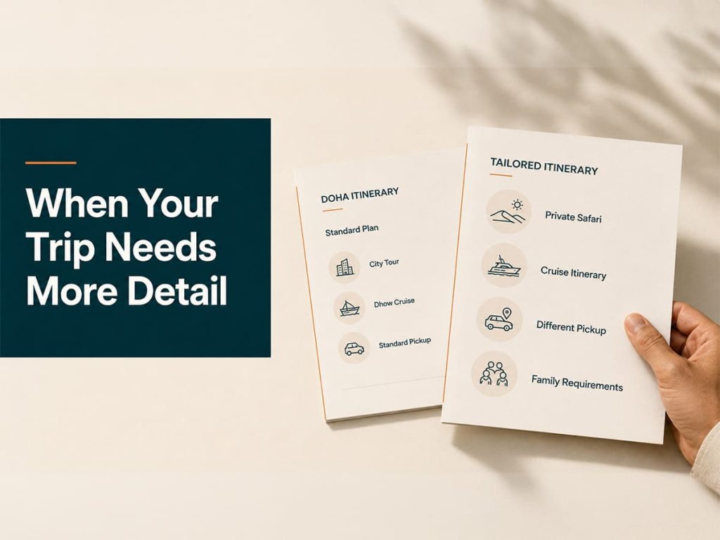 Standard and tailored Doha itinerary sheets comparing private safari, Dhow cruise, flexible pickup and family travel needs.