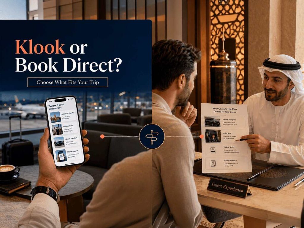 Klook or book direct comparison showing a traveller using Klook for tickets and tours alongside a customised travel plan discussed with a local provider.