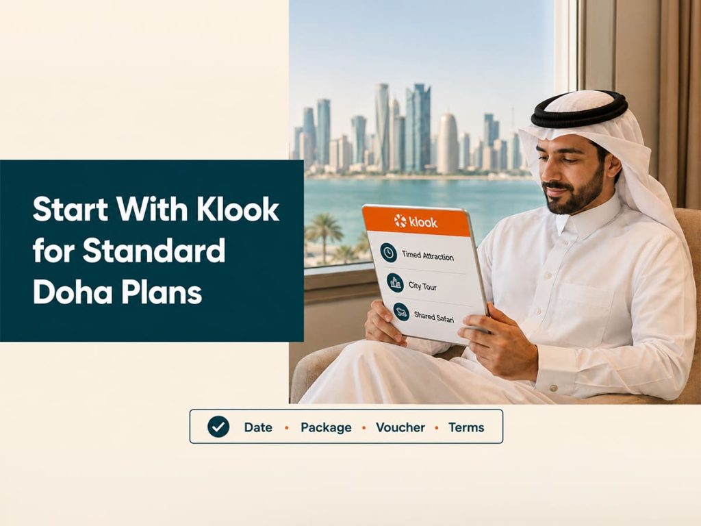 A traveller reviewing Klook booking options for a timed Doha attraction, city tour and shared desert safari.