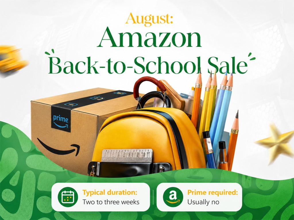 Amazon Saudi back-to-school sale with a backpack, pencils and Prime delivery box.