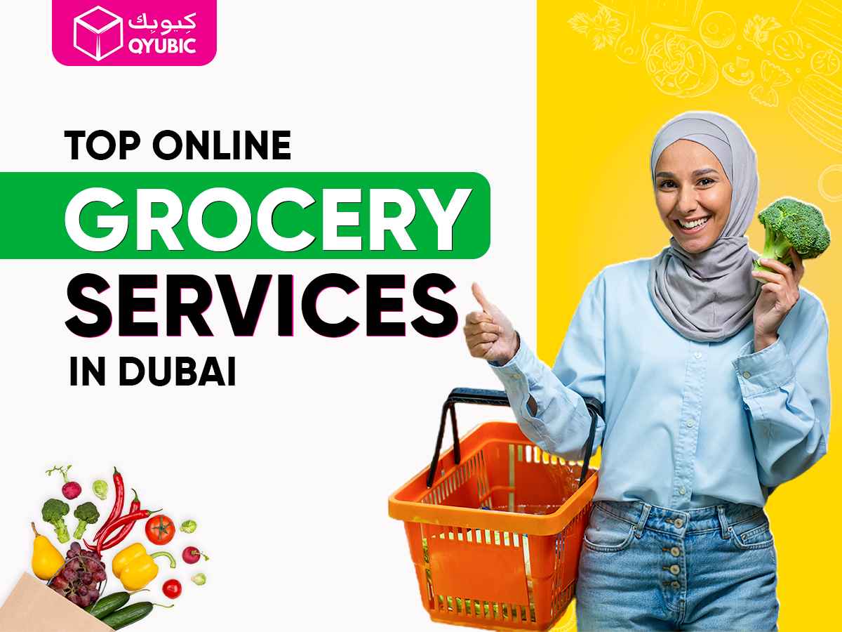Illustration of various grocery items and a shopping cart on a digital screen, representing the convenience and variety of top online grocery stores in Dubai