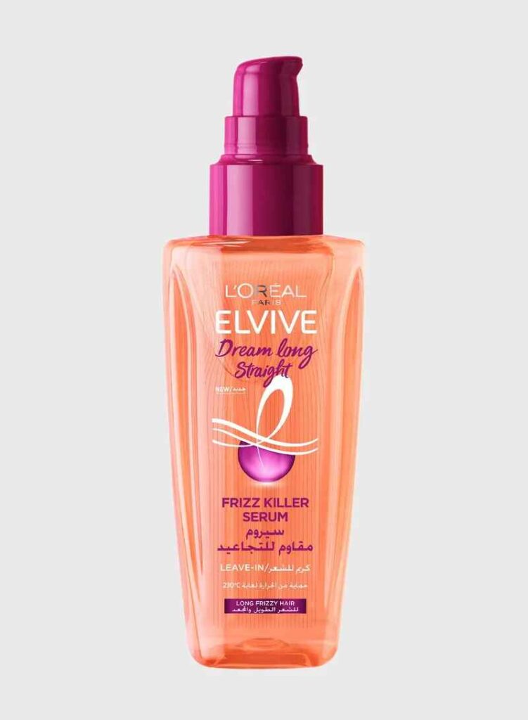 L’Oréal Paris Elvive Dream Lengths Frizz Killer Serum, a lightweight, silicone-free hair serum for frizzy hair and heat protection up to 230°C in the UAE. This best heat resistant hair serum, with Vegetal Keratin and Cocoa Butter, is ideal for women with long, dry, or damaged hair, and is a great best hair serum after smoothening.
