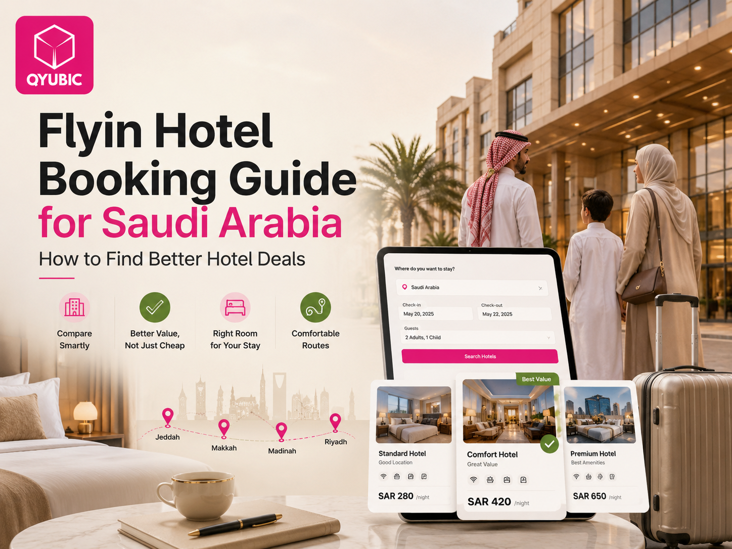 QYUBIC Flyin hotel booking guide for Saudi Arabia featuring a family outside a modern hotel, hotel search screen and better hotel deal comparison cards for Makkah, Madinah, Jeddah and Riyadh.