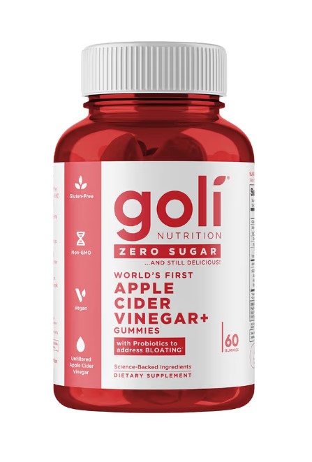 A bottle of Goli Nutrition Zero Sugar Apple Cider Vinegar Gummies, likely in a signature Goli bottle, emphasizing its sugar-free formula and apple cider vinegar benefits.

