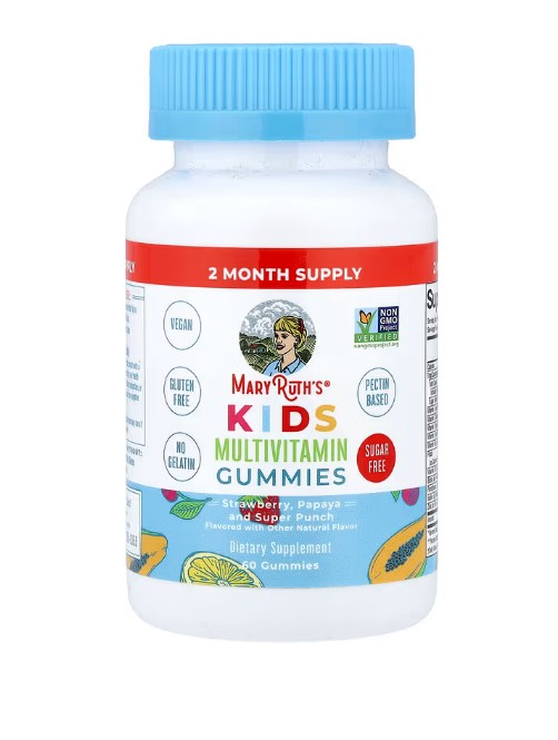 A bottle of MaryRuth's Kids Multivitamin Gummies, showcasing strawberry, papaya, and super punch flavors. The image implies a sugar-free, vegan, and gelatin-free multivitamin for children.

