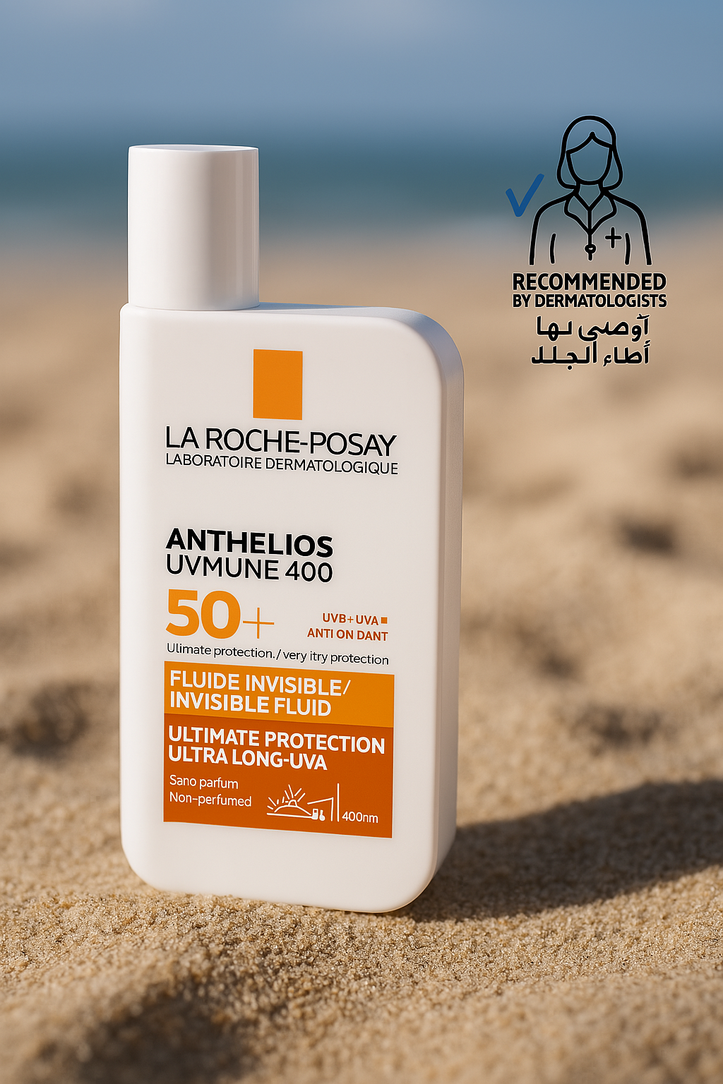 La Roche-Posay Anthelios UVMune 400 sunscreen with SPF 50+ shown on a beach, promoting invisible fluid texture, ultra long-UVA protection, and dermatologist recommendation with both English and Arabic text.
