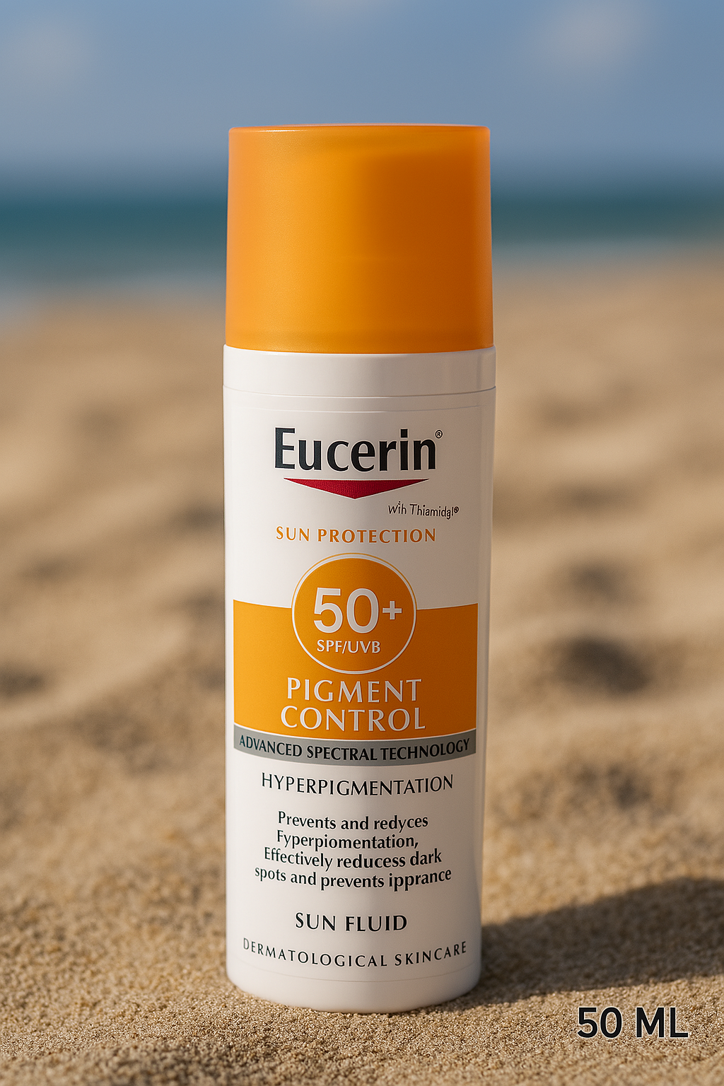 Eucerin Sun Protection Pigment Control sunscreen bottle with SPF 50+ placed on sand, designed to reduce hyperpigmentation and dark spots, labeled with Advanced Spectral Technology and dermatological skincare claim